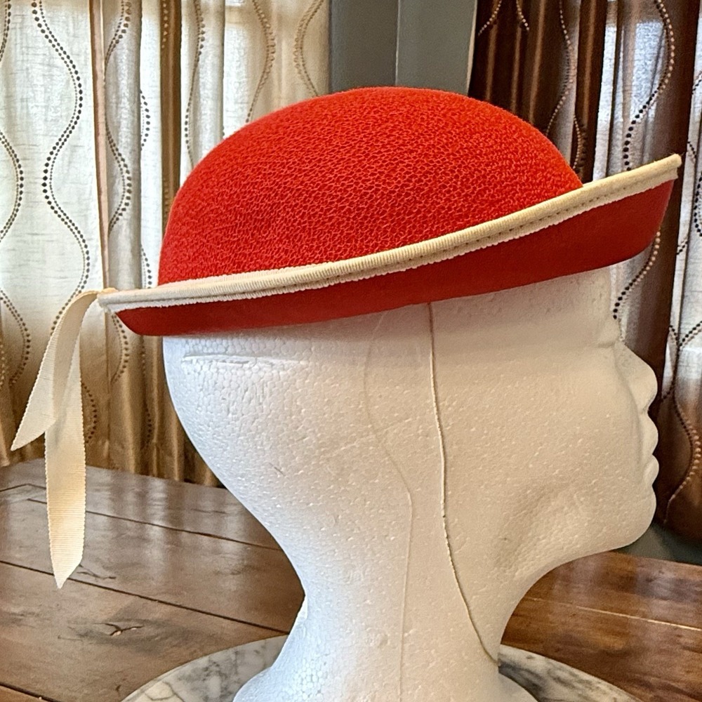 VTG 60s MCM Child Red Felt Hat White Ribbon Chin Elastic